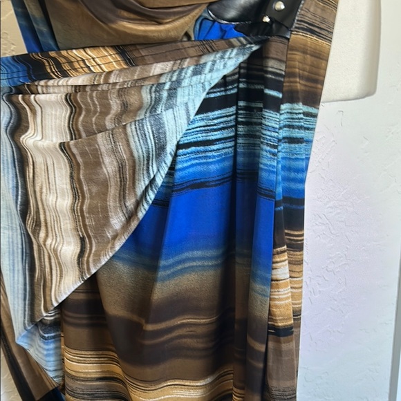 Mlle Gabrielle Blue and Brown Sheath Dress with Ruched Wrap Design - Picture 6 of 6